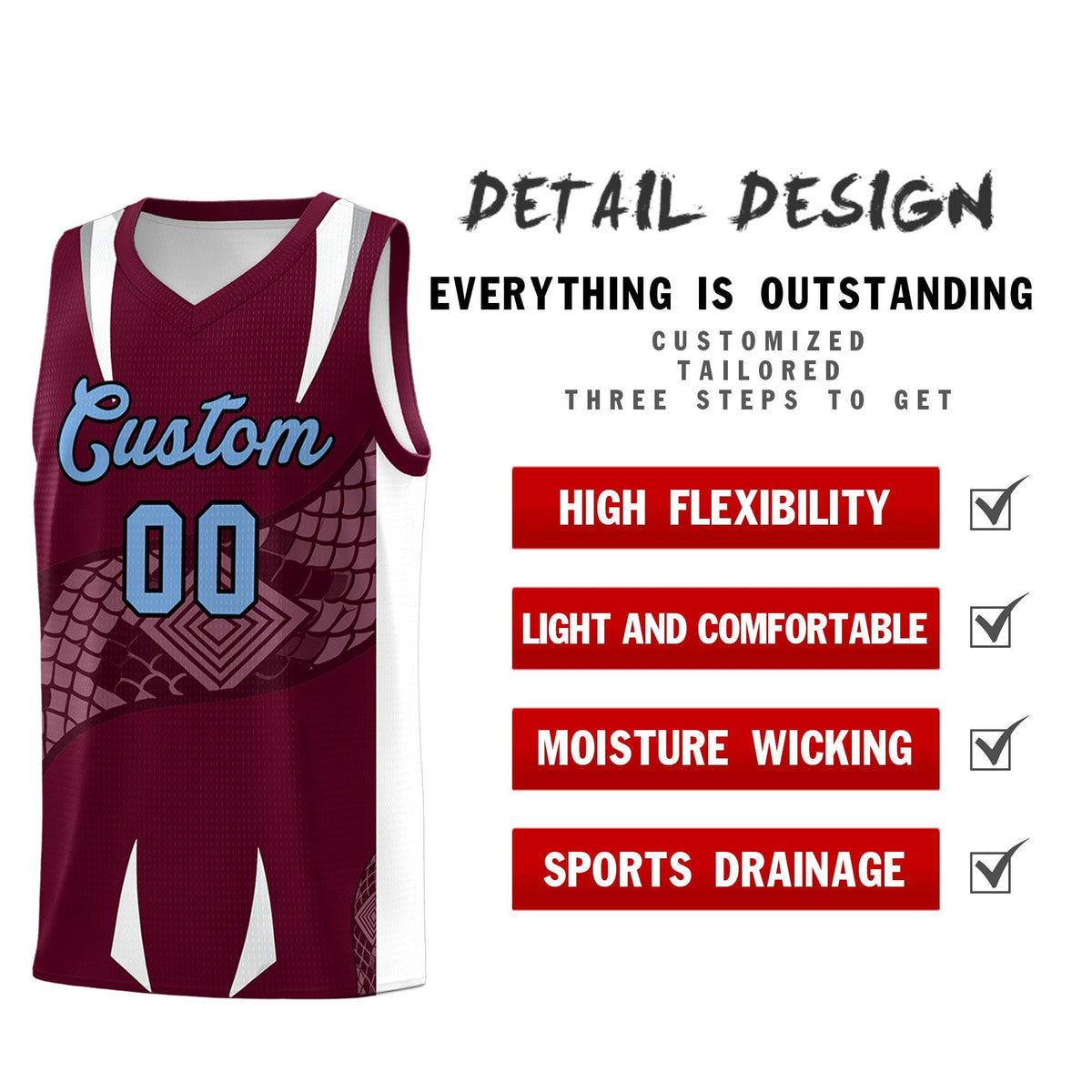 Custom Burgundy White Snake Scale Venomous Fang Lightweight Graffiti Pattern Basketball Suit Jersey