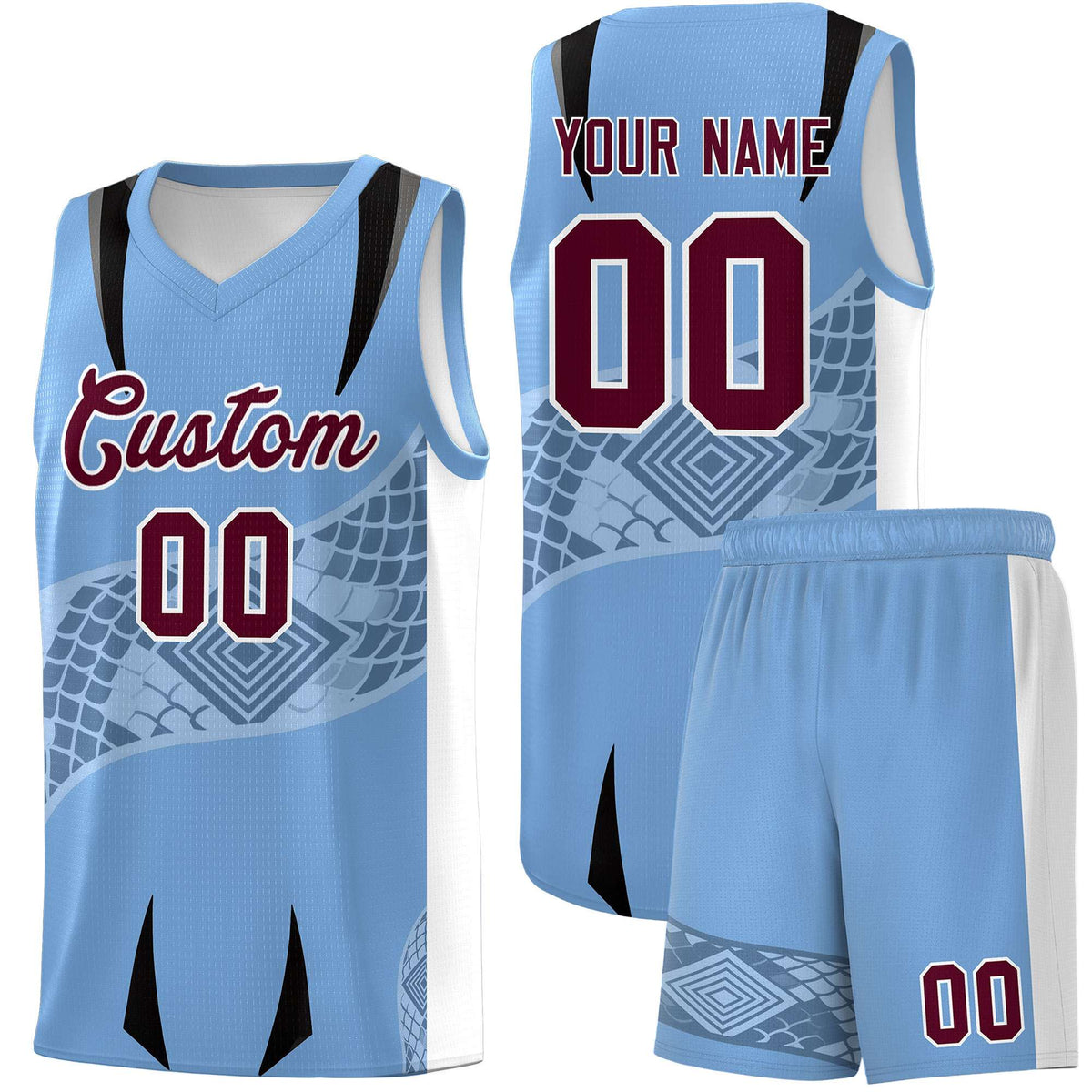 Custom Light Blue White Snake Scale Venomous Fang for Team Graffiti Pattern Basketball Suit Jersey