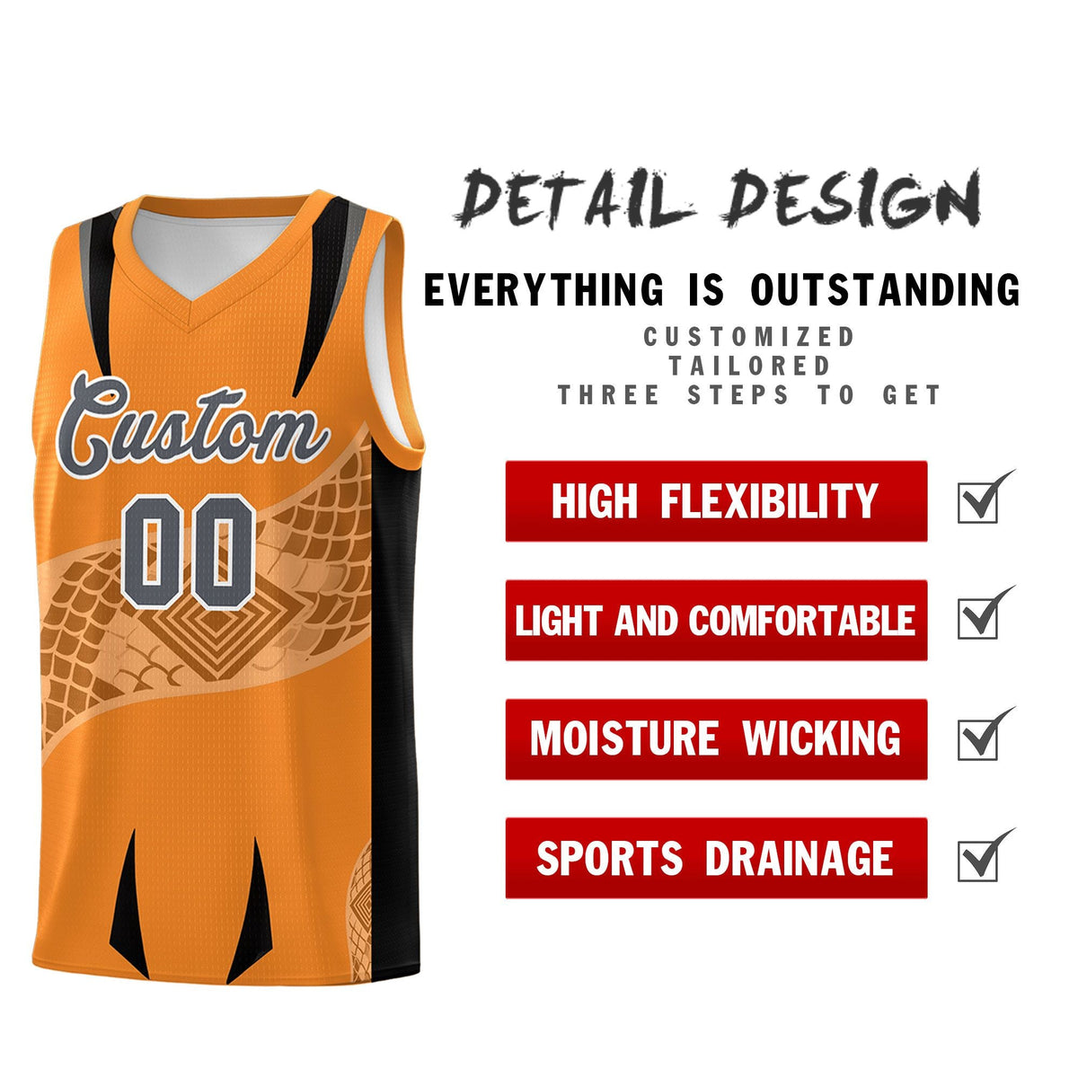 Custom Orange Black Snake Scale Venomous Fang for Clubs Graffiti Pattern Basketball Suit Jersey