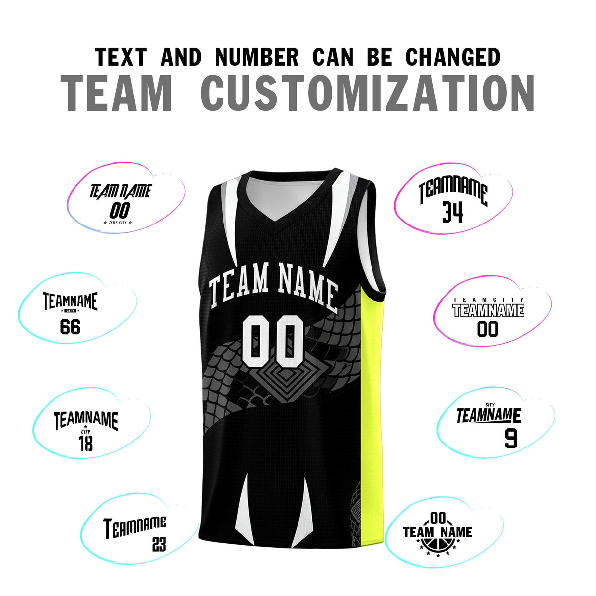 Custom Black Neon Green Snake Scale Venomous Fang Breathable Graffiti Pattern Basketball Suit Jersey