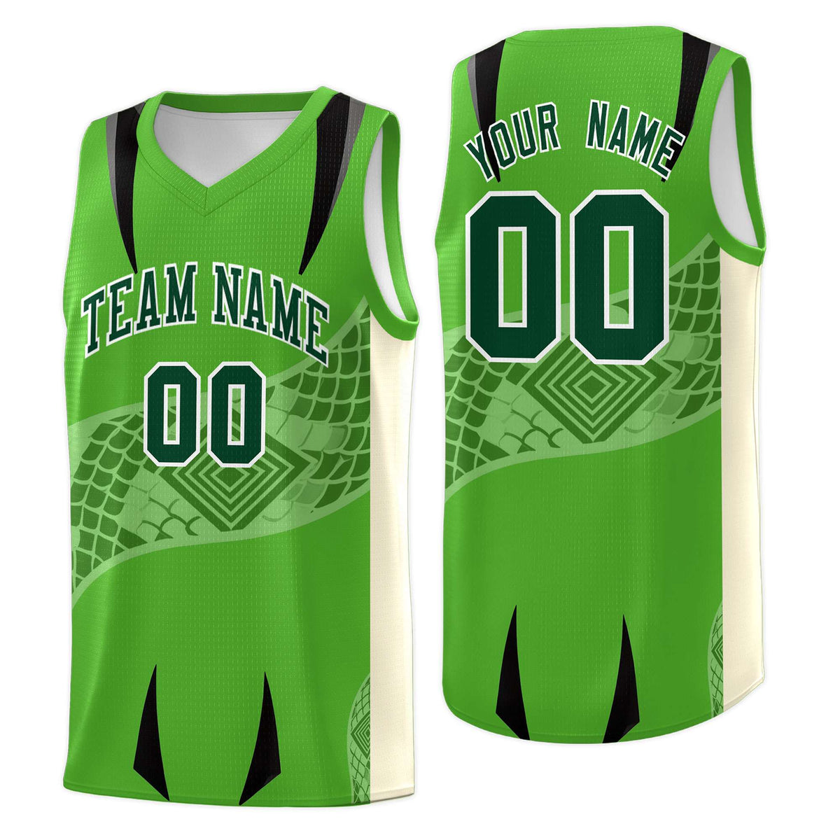Custom Light Green Cream Snake Scale Venomous Fang for Team Graffiti Pattern Basketball Suit Jersey