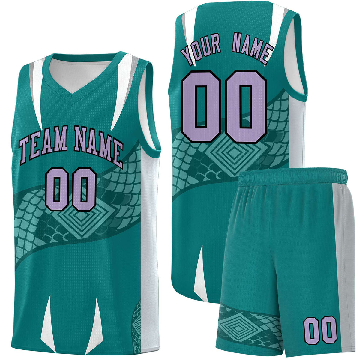 Custom Teal Silver Snake Scale Venomous Fang Breathable Graffiti Pattern Basketball Suit Jersey