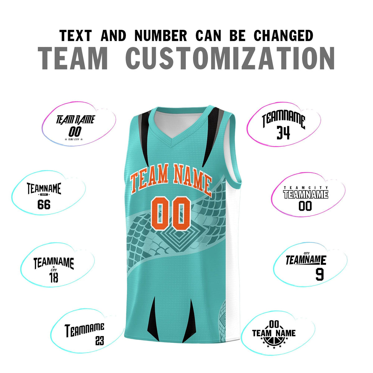 Custom Teal White Snake Scale Venomous Fang for Team Graffiti Pattern Basketball Suit Jersey