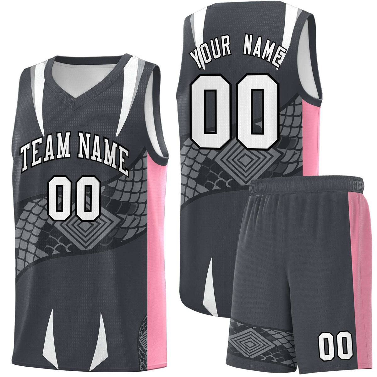 Custom Gray Light Pink Snake Scale Venomous Fang Drapable Graffiti Pattern Basketball Suit Jersey