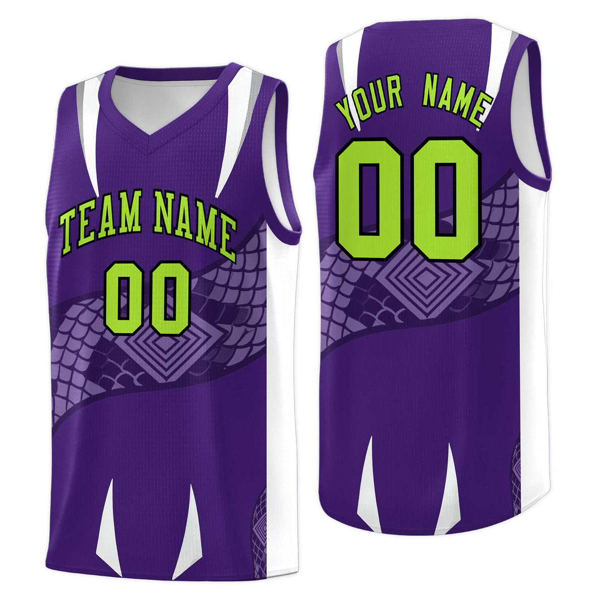 Custom Purple White Snake Scale Venomous Fang Breathable Graffiti Pattern Basketball Suit Jersey