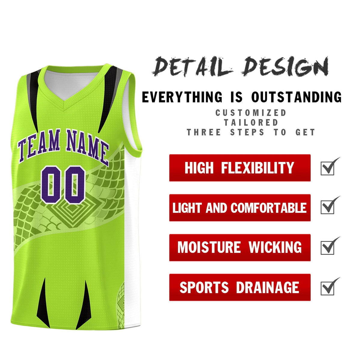 Custom Neon Green White Snake Scale Venomous Fang for Clubs Graffiti Pattern Basketball Suit Jersey