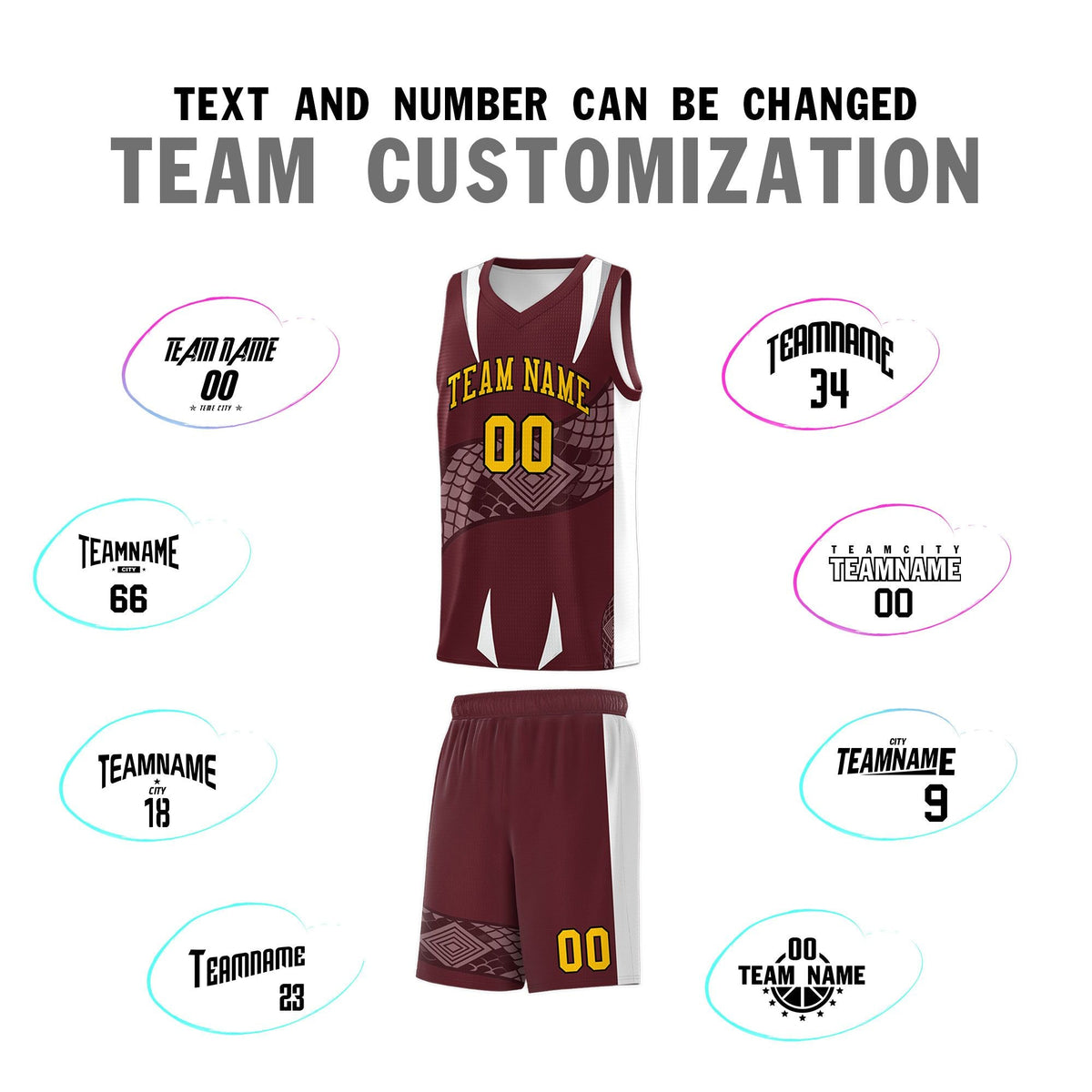 Custom Burgundy White Snake Scale Venomous Fang Drapable Graffiti Pattern Basketball Suit Jersey