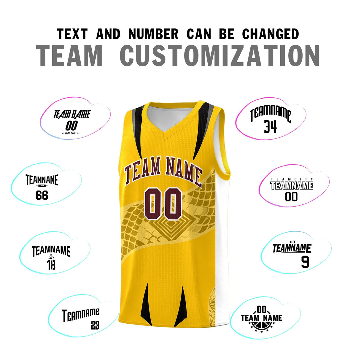 Custom Yellow White Snake Scale Venomous Fang for Leagues Graffiti Pattern Basketball Suit Jersey