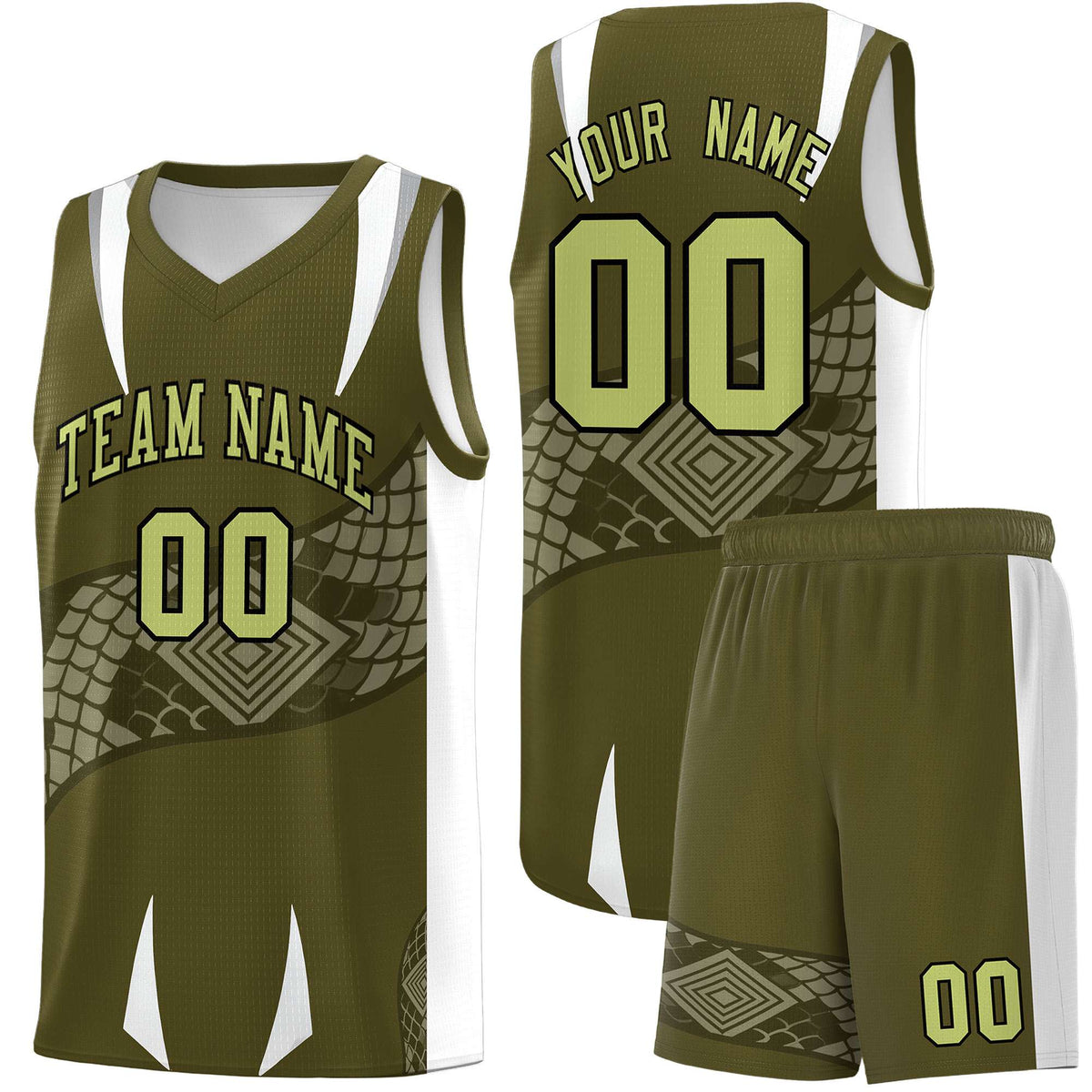 Custom Olive White Snake Scale Venomous Fang Breathable Graffiti Pattern Basketball Suit Jersey