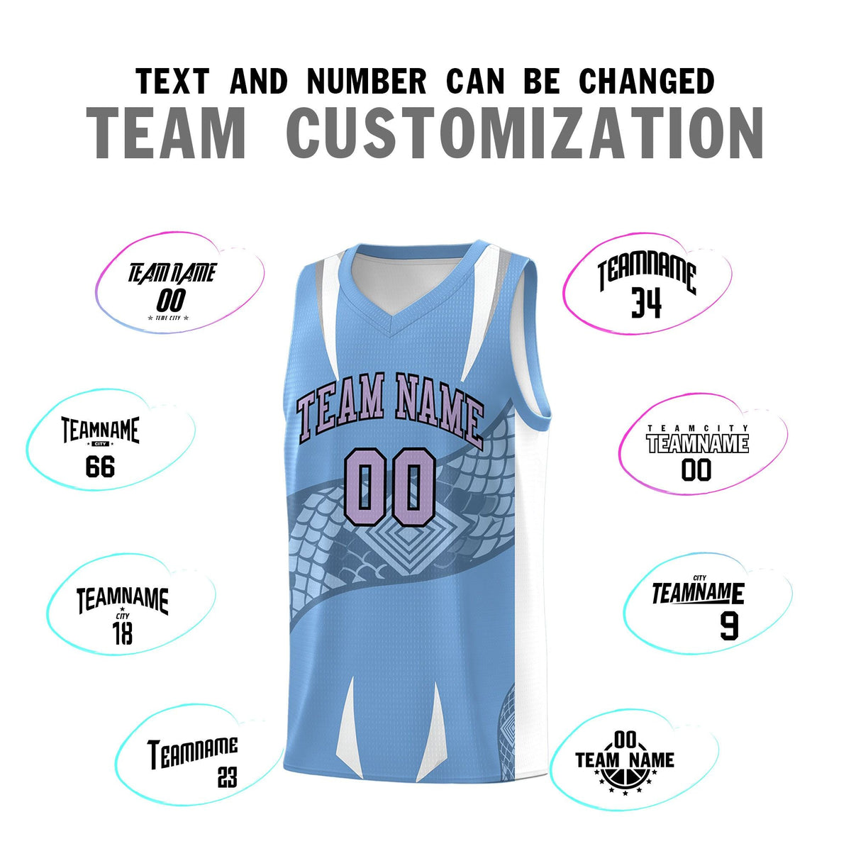 Custom Light Blue White Snake Scale Venomous Fang Lightweight Graffiti Pattern Basketball Suit Jersey