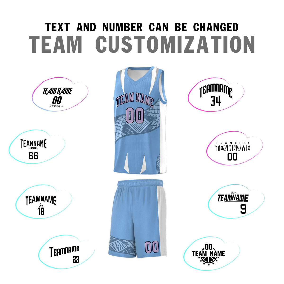 Custom Light Blue White Snake Scale Venomous Fang Lightweight Graffiti Pattern Basketball Suit Jersey
