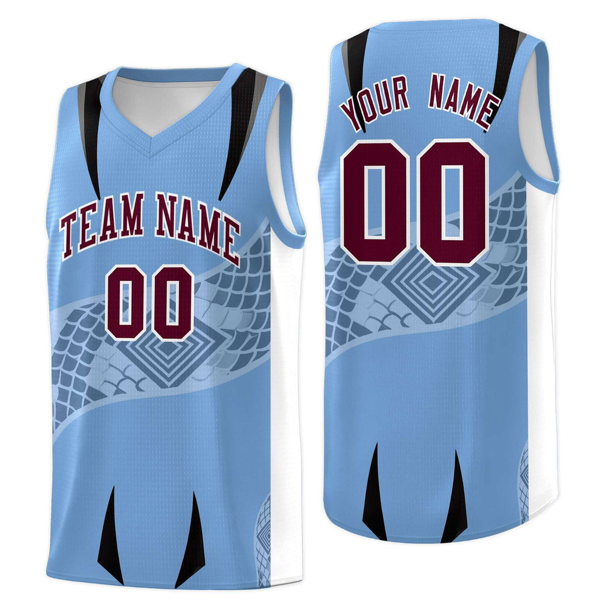 Custom Light Blue White Snake Scale Venomous Fang for Team Graffiti Pattern Basketball Suit Jersey