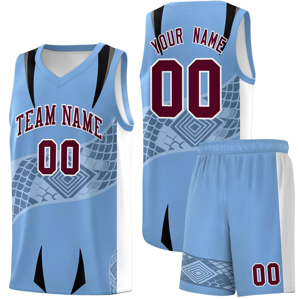 Custom Light Blue White Snake Scale Venomous Fang for Team Graffiti Pattern Basketball Suit Jersey