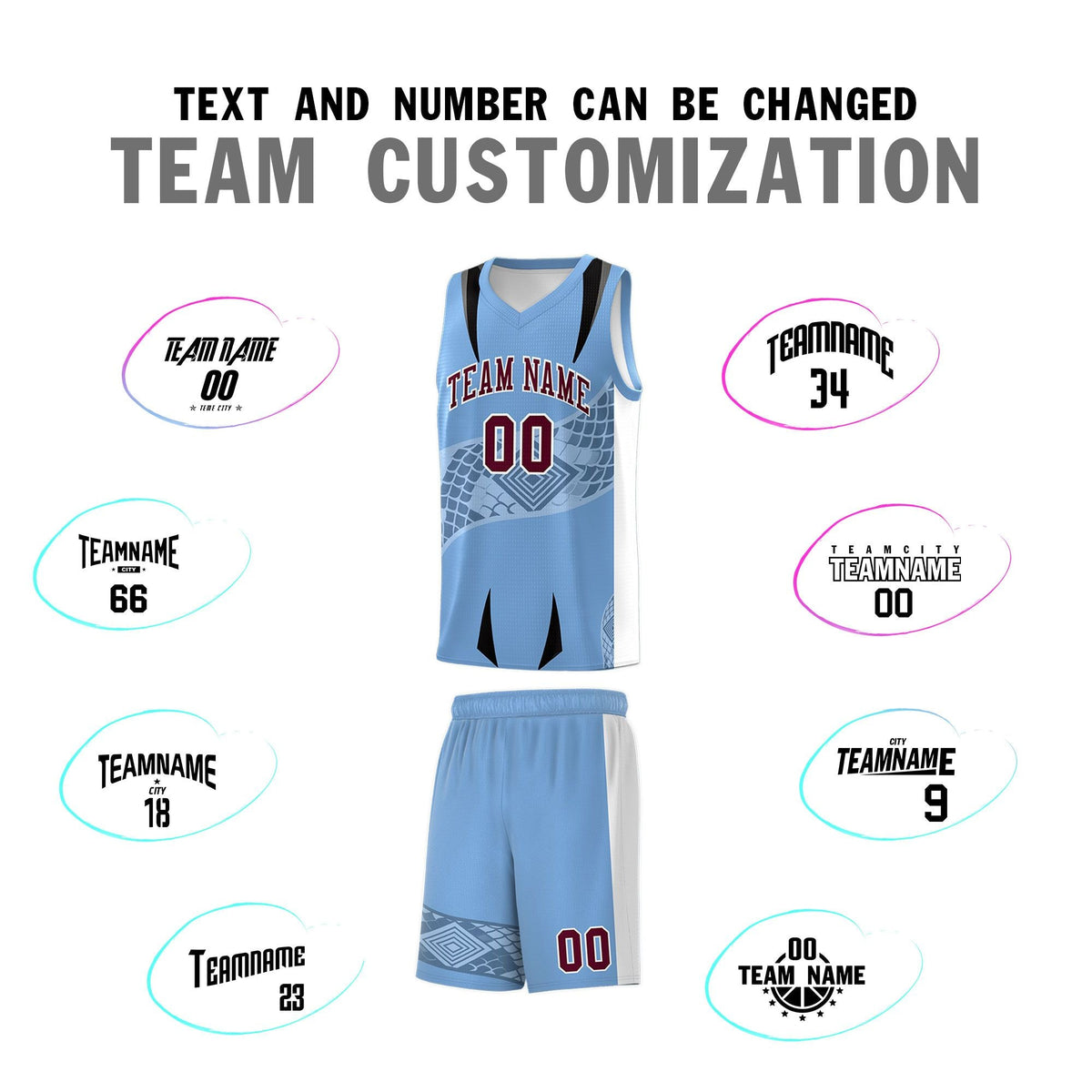 Custom Light Blue White Snake Scale Venomous Fang for Team Graffiti Pattern Basketball Suit Jersey