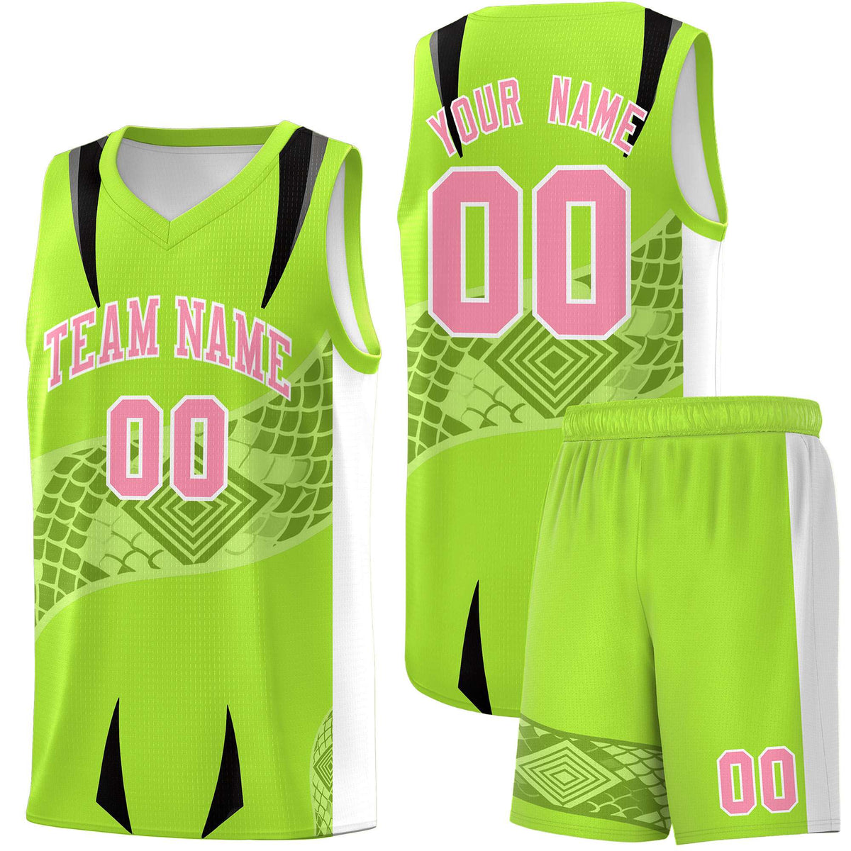 Custom Neon Green White Snake Scale Venomous Fang for Leagues Graffiti Pattern Basketball Suit Jersey