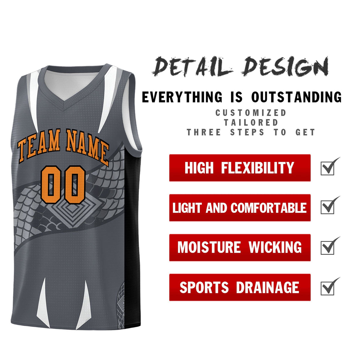 Custom Gray Black Snake Scale Venomous Fang Breathable Graffiti Pattern Basketball Suit Jersey