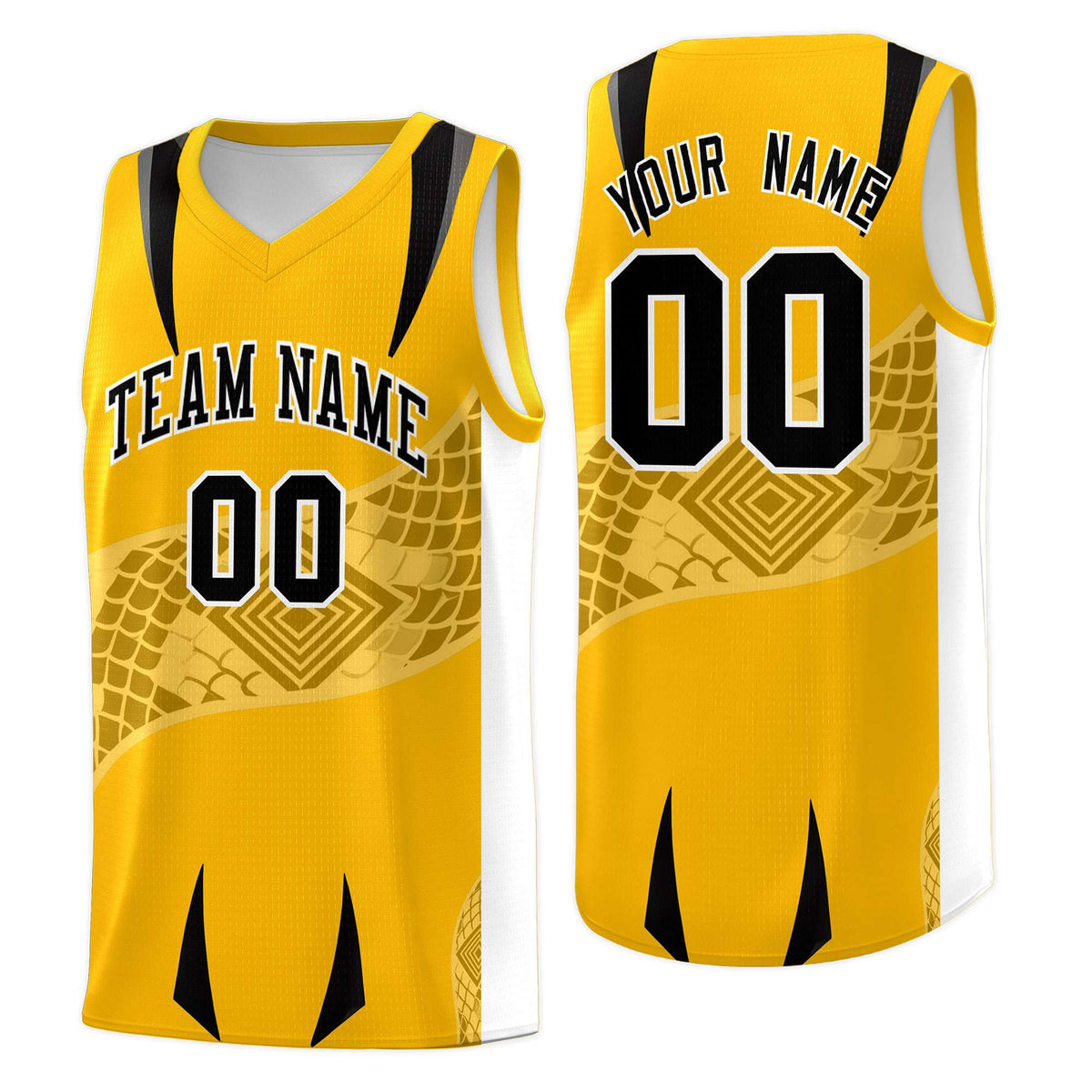 Custom Yellow White Snake Scale Venomous Fang for Team Graffiti Pattern Basketball Suit Jersey