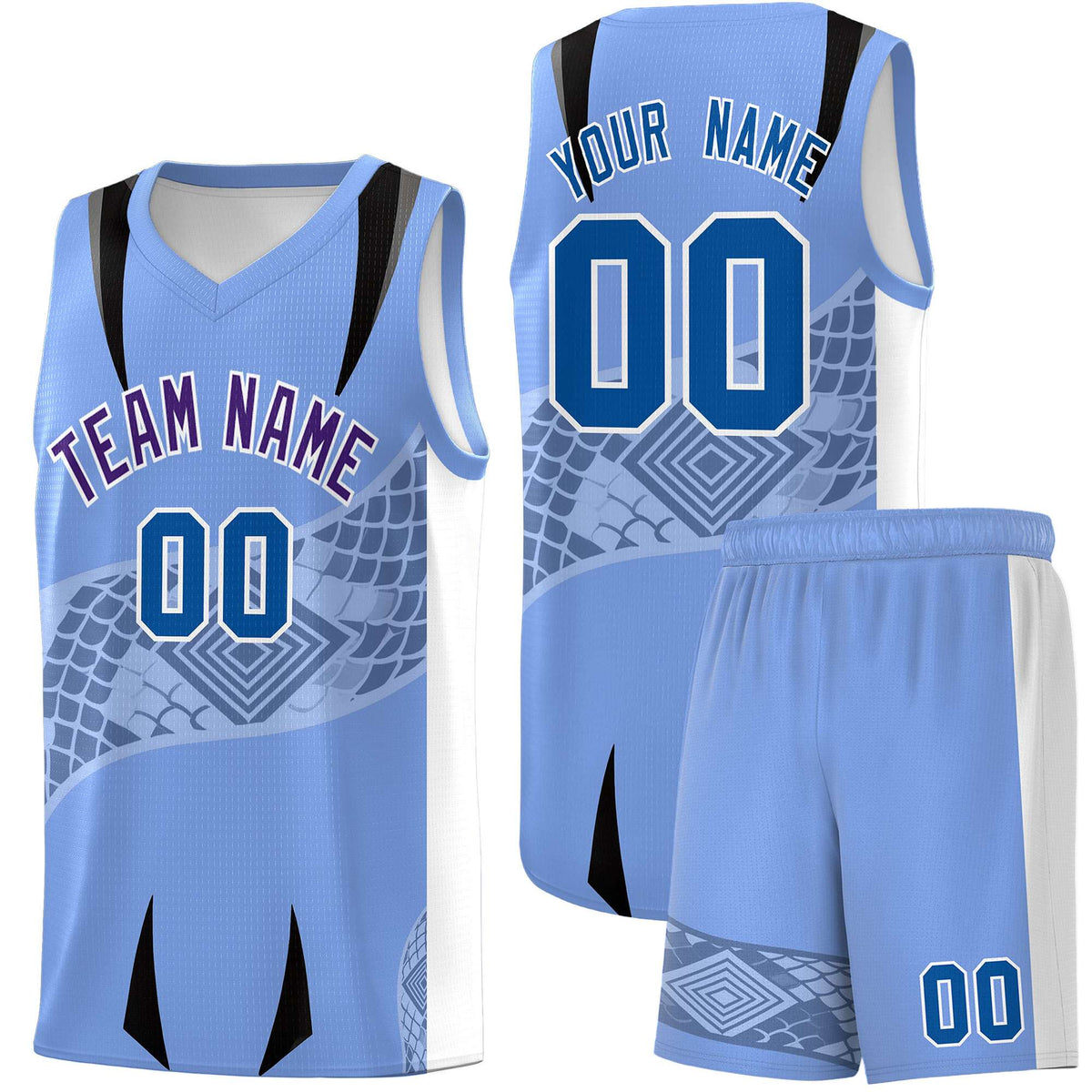 Custom Light Blue White Snake Scale Venomous Fang for Clubs Graffiti Pattern Basketball Suit Jersey