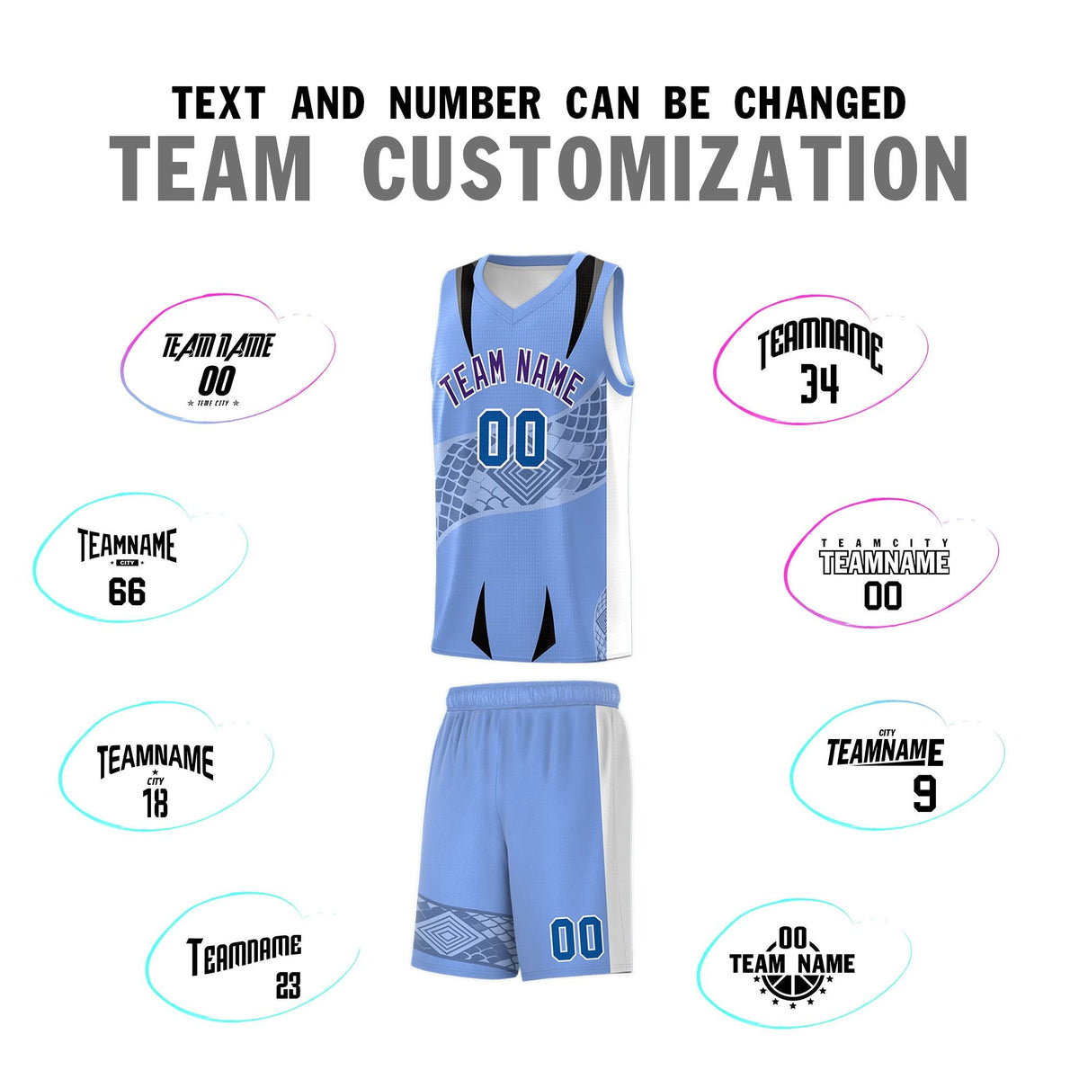 Custom Light Blue White Snake Scale Venomous Fang for Clubs Graffiti Pattern Basketball Suit Jersey