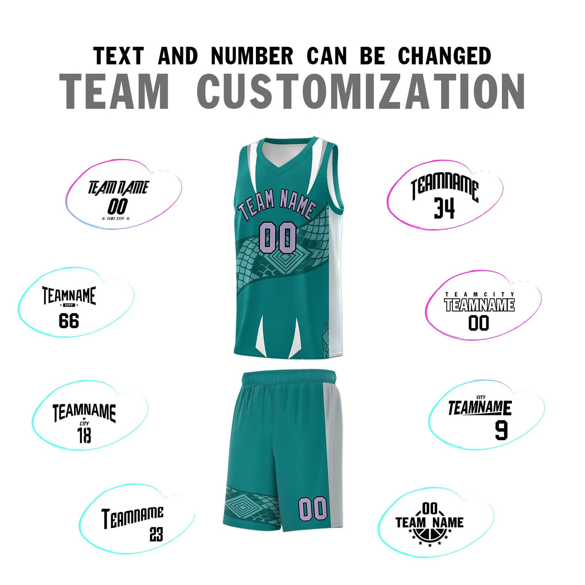 Custom Teal Silver Snake Scale Venomous Fang Breathable Graffiti Pattern Basketball Suit Jersey