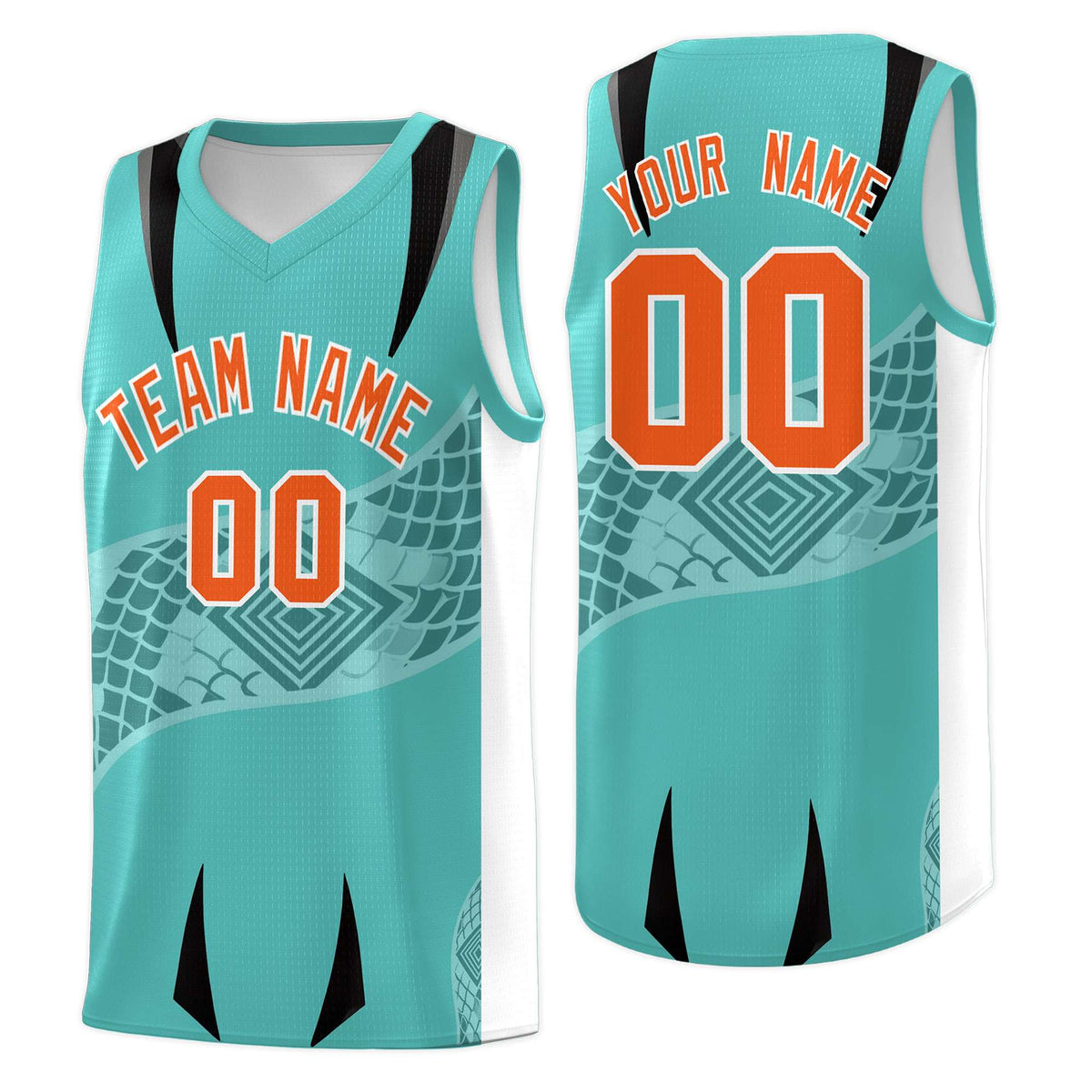 Custom Teal White Snake Scale Venomous Fang for Team Graffiti Pattern Basketball Suit Jersey