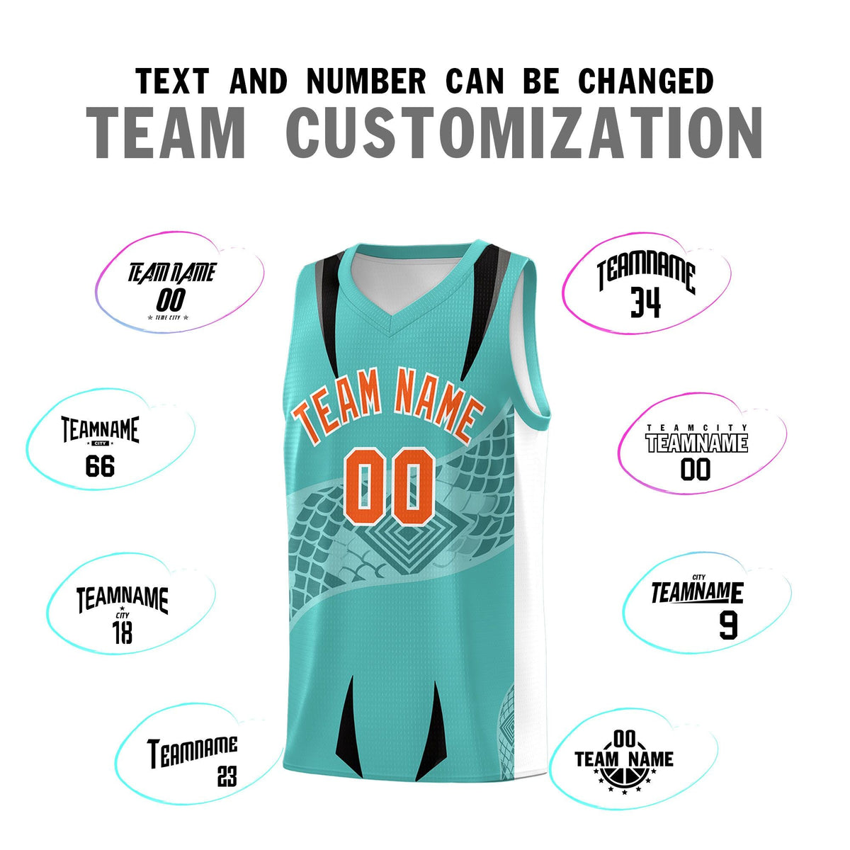 Custom Teal White Snake Scale Venomous Fang for Team Graffiti Pattern Basketball Suit Jersey