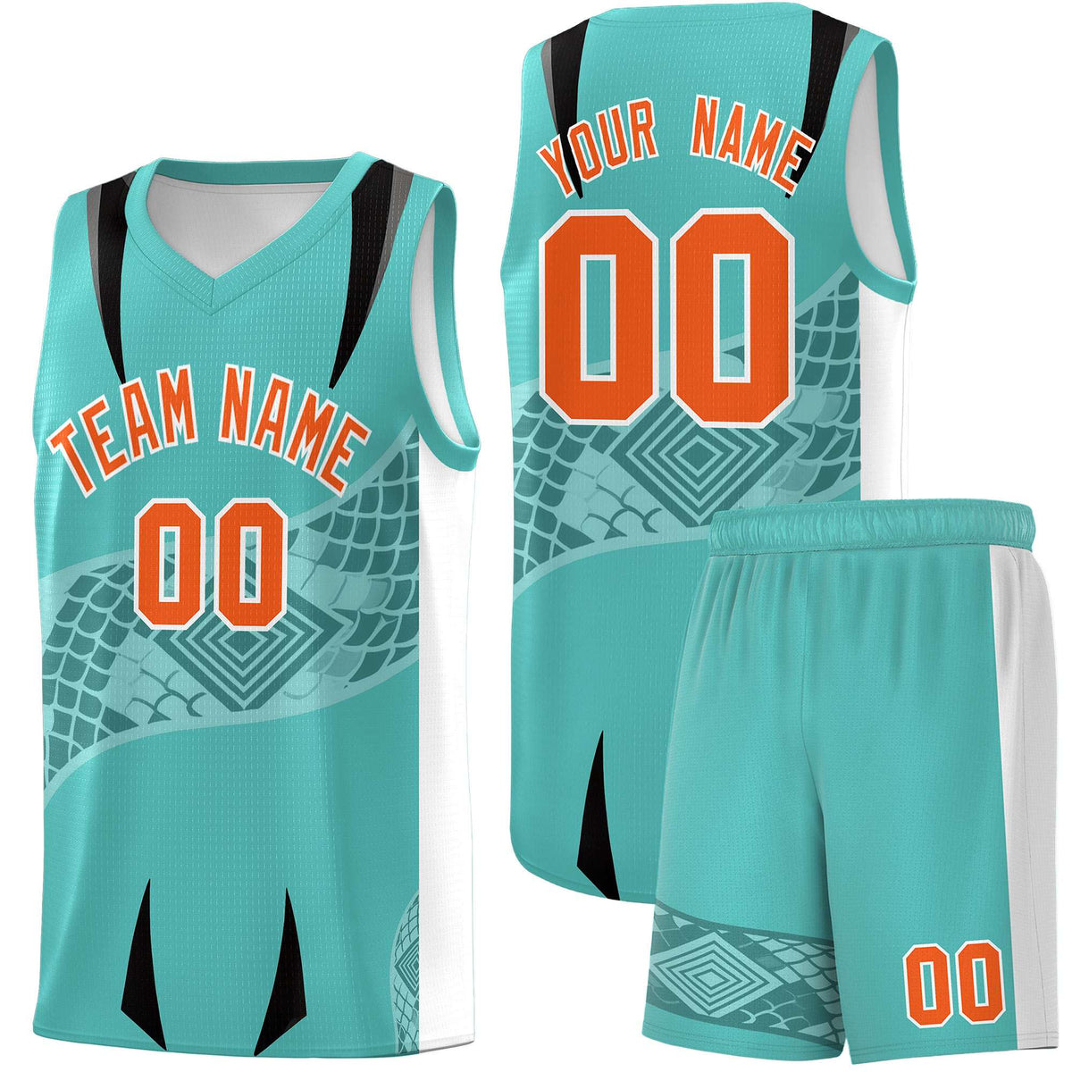 Custom Teal White Snake Scale Venomous Fang for Team Graffiti Pattern Basketball Suit Jersey