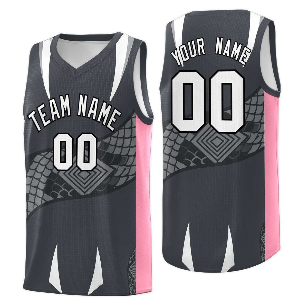 Custom Gray Light Pink Snake Scale Venomous Fang Drapable Graffiti Pattern Basketball Suit Jersey
