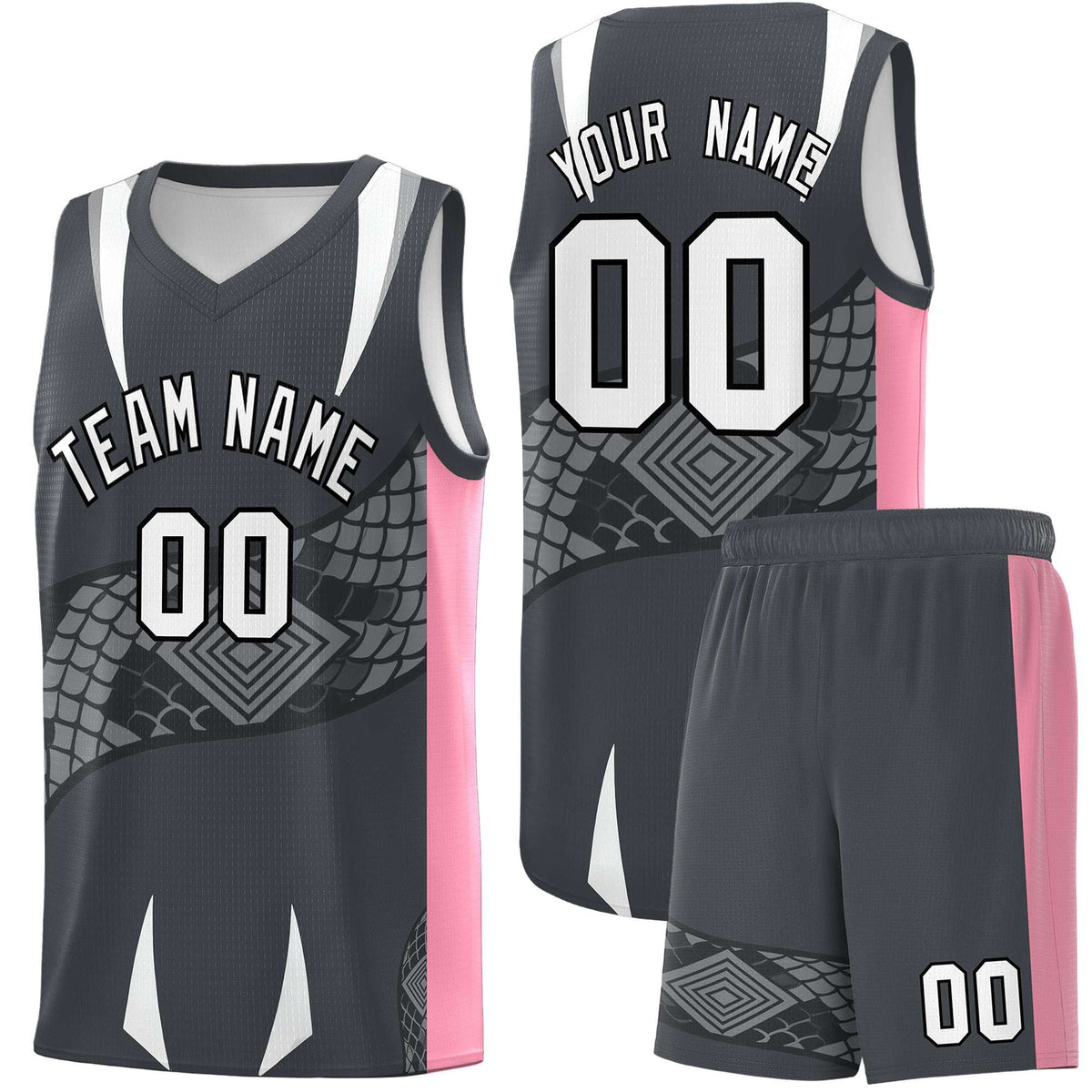 Custom Gray Light Pink Snake Scale Venomous Fang Drapable Graffiti Pattern Basketball Suit Jersey