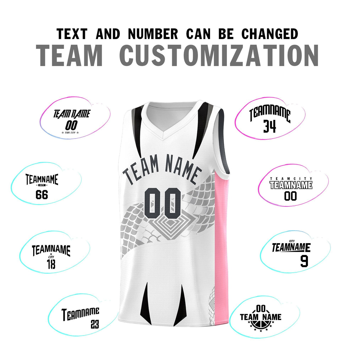 Custom White Light Pink Snake Scale Venomous Fang for Leagues Graffiti Pattern Basketball Suit Jersey