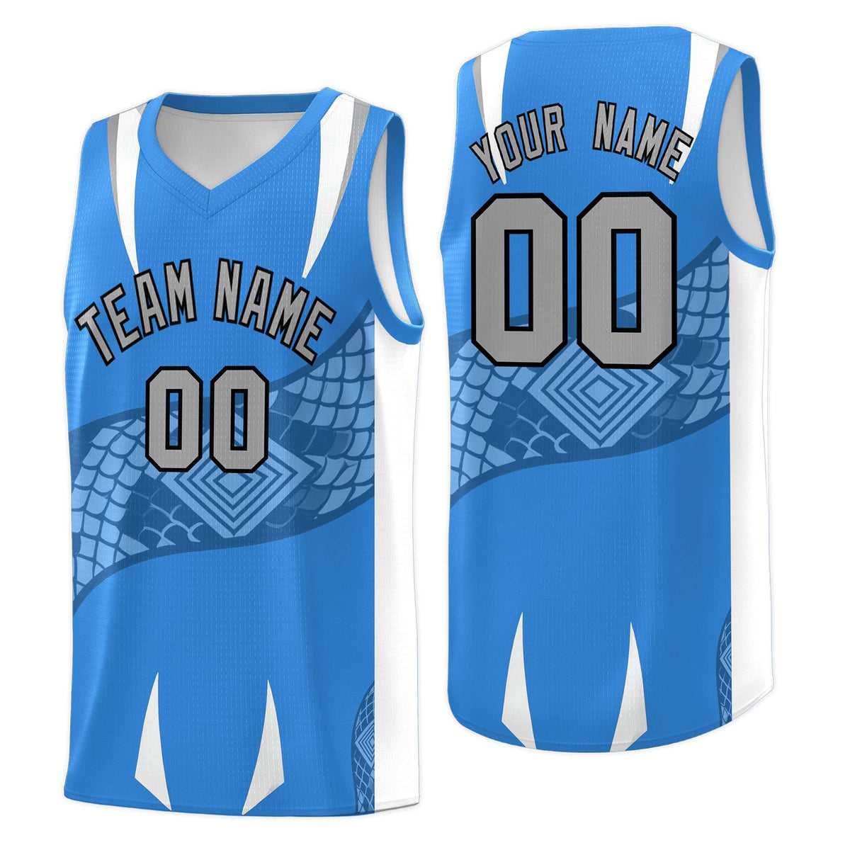 Custom Light Blue White Snake Scale Venomous Fang Lightweight Graffiti Pattern Basketball Suit Jersey
