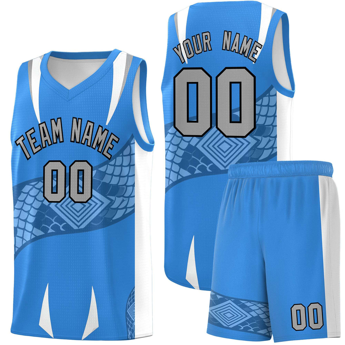 Custom Light Blue White Snake Scale Venomous Fang Lightweight Graffiti Pattern Basketball Suit Jersey