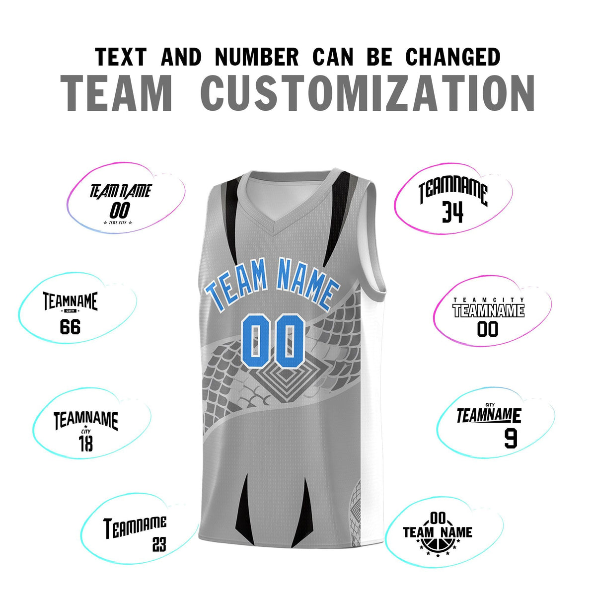 Custom Gray White Snake Scale Venomous Fang for Team Graffiti Pattern Basketball Suit Jersey