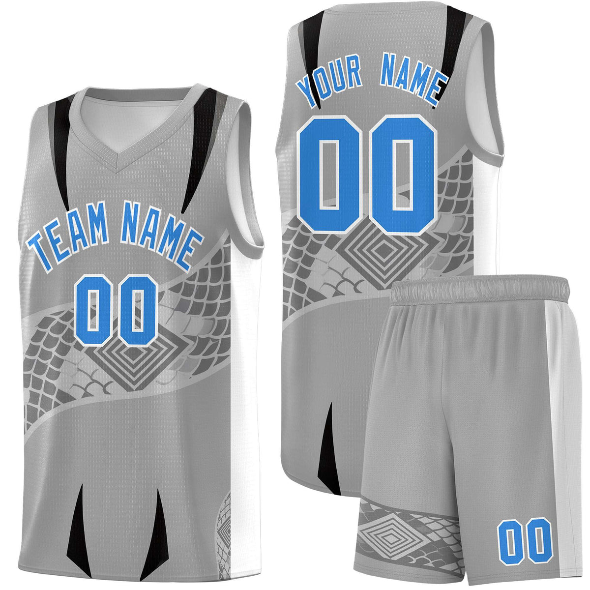 Custom Gray White Snake Scale Venomous Fang for Team Graffiti Pattern Basketball Suit Jersey