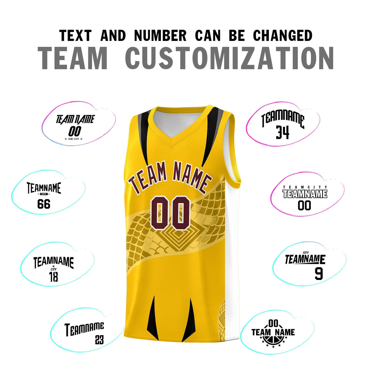 Custom Yellow White Snake Scale Venomous Fang for Leagues Graffiti Pattern Basketball Suit Jersey