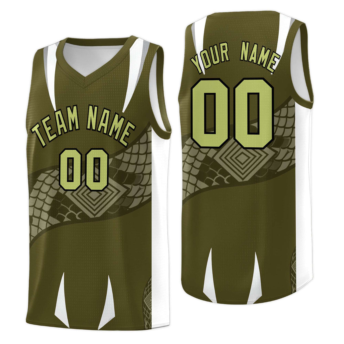Custom Olive White Snake Scale Venomous Fang Breathable Graffiti Pattern Basketball Suit Jersey