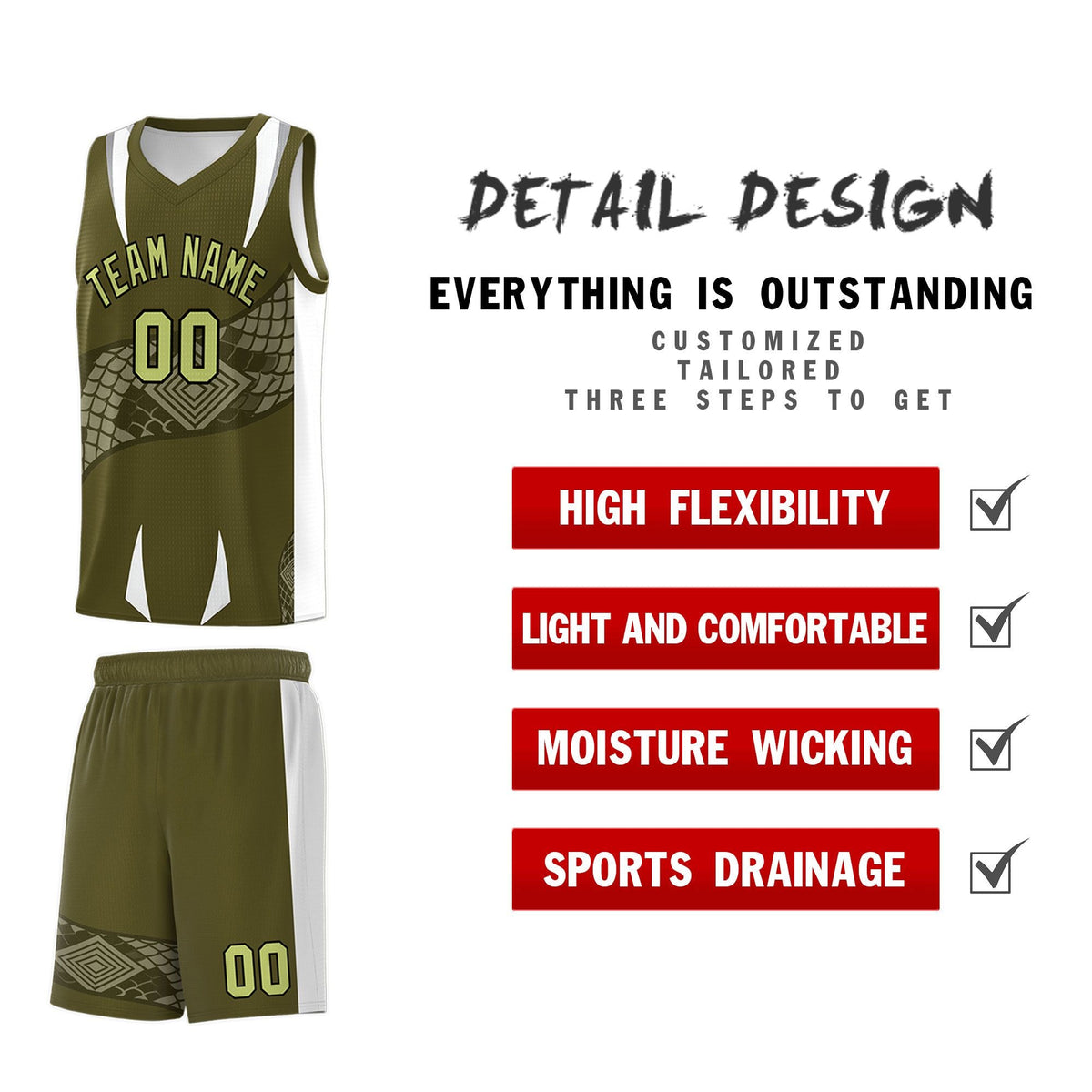 Custom Olive White Snake Scale Venomous Fang Breathable Graffiti Pattern Basketball Suit Jersey