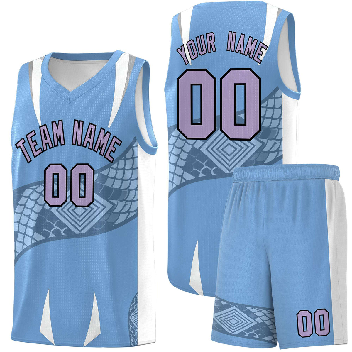 Custom Light Blue White Snake Scale Venomous Fang Lightweight Graffiti Pattern Basketball Suit Jersey