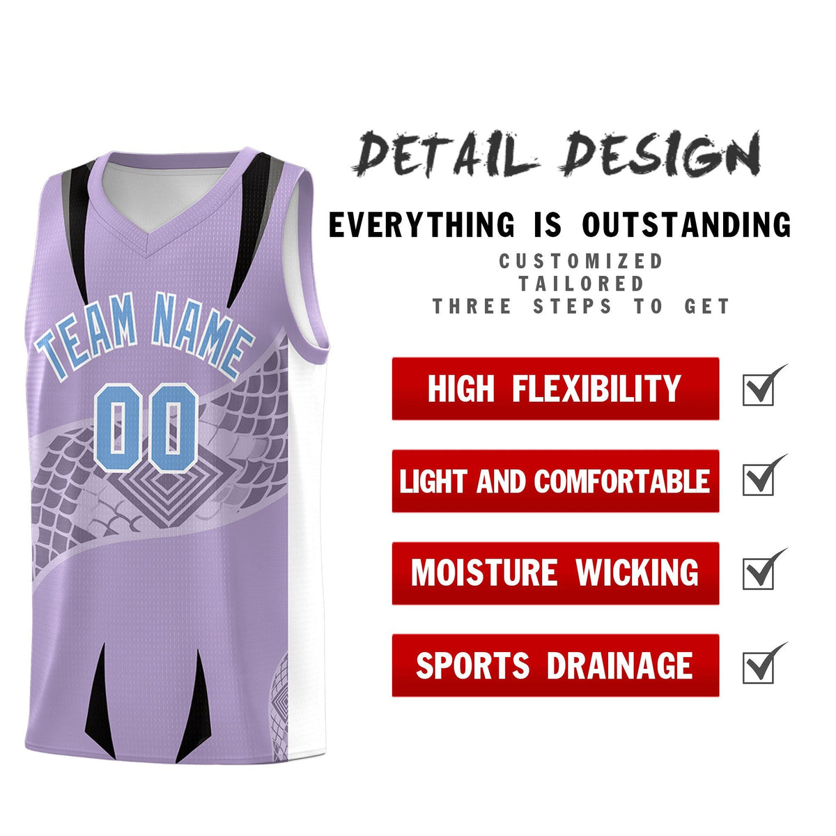 Custom Light Purple White Snake Scale Venomous Fang for Team Graffiti Pattern Basketball Suit Jersey