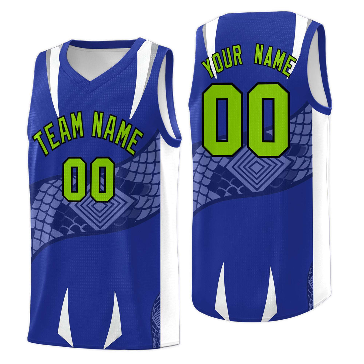 Custom Royal White Snake Scale Venomous Fang Drapable Graffiti Pattern Basketball Suit Jersey