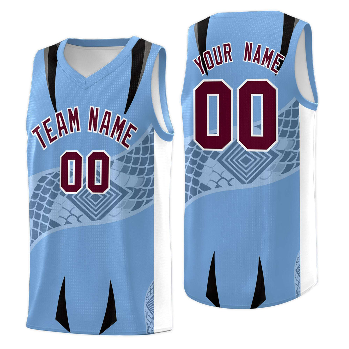 Custom Light Blue White Snake Scale Venomous Fang for Team Graffiti Pattern Basketball Suit Jersey