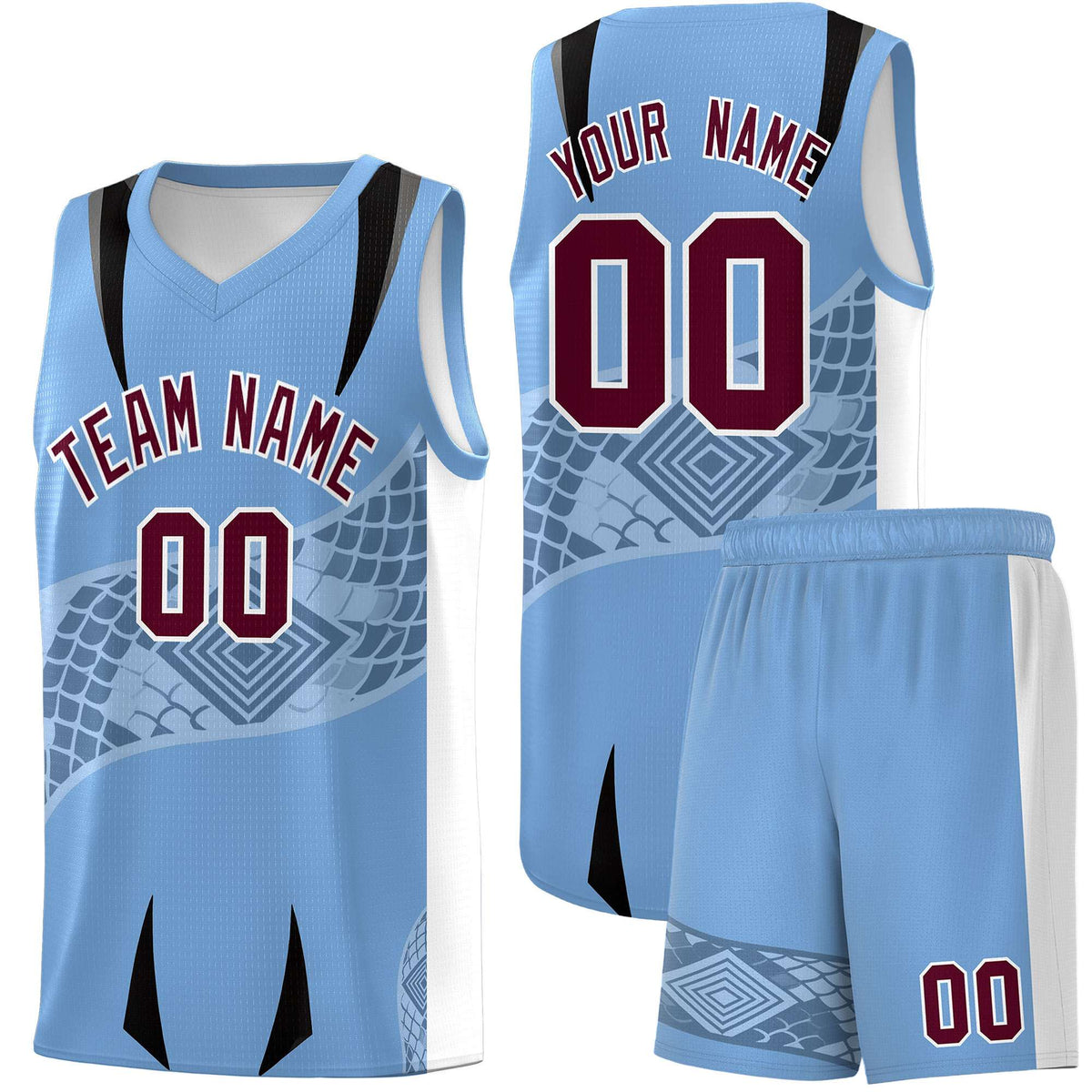 Custom Light Blue White Snake Scale Venomous Fang for Team Graffiti Pattern Basketball Suit Jersey