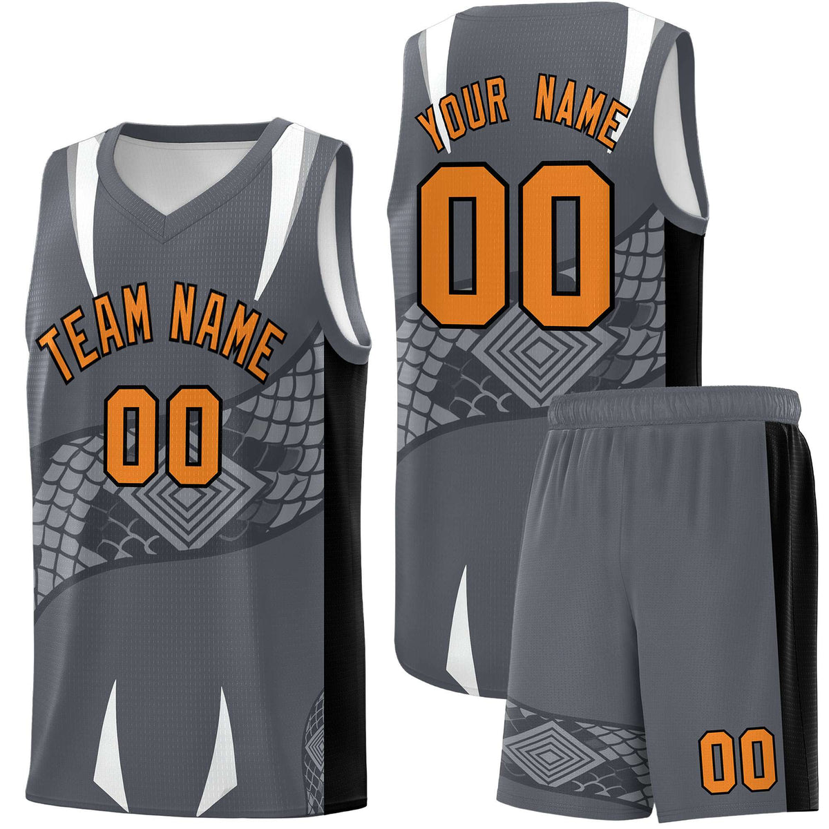 Custom Gray Black Snake Scale Venomous Fang Breathable Graffiti Pattern Basketball Suit Jersey