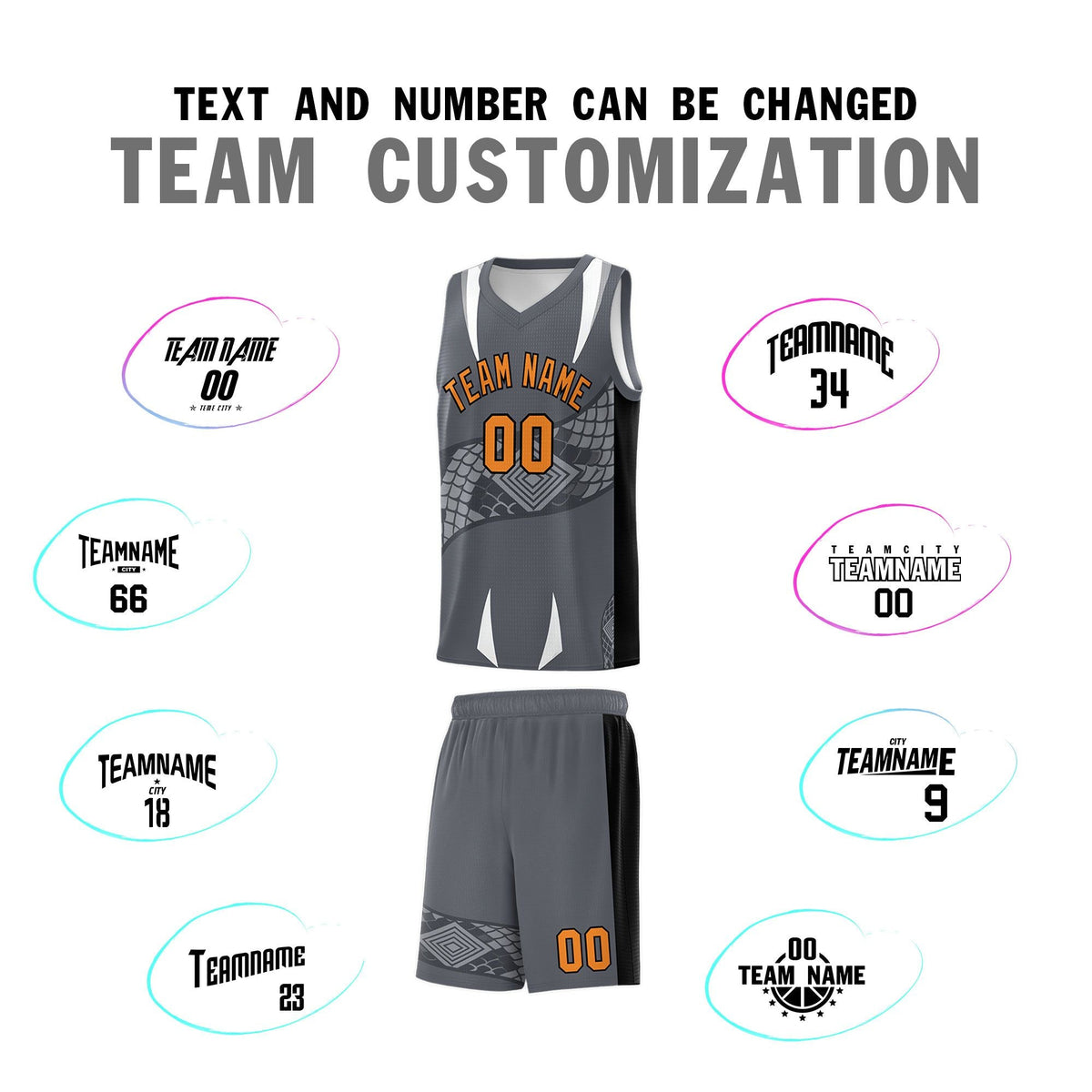 Custom Gray Black Snake Scale Venomous Fang Breathable Graffiti Pattern Basketball Suit Jersey