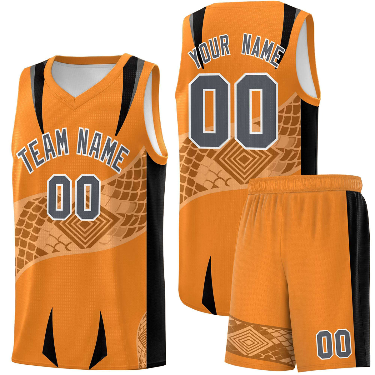 Custom Orange Black Snake Scale Venomous Fang for Clubs Graffiti Pattern Basketball Suit Jersey