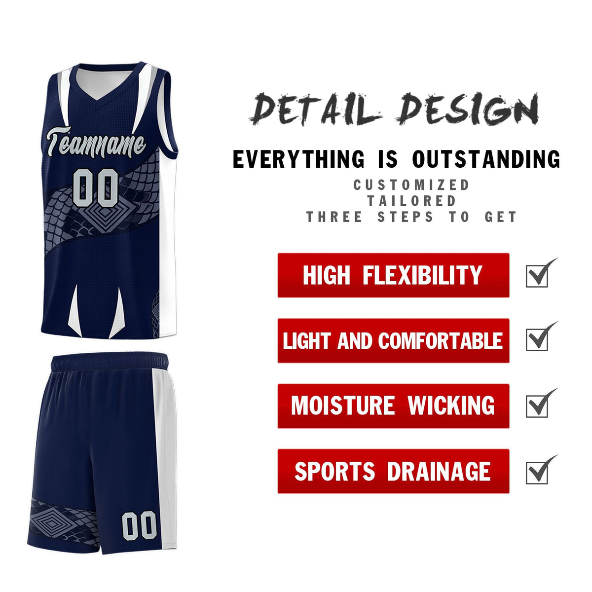 Custom Navy White Snake Scale Venomous Fang Lightweight Graffiti Pattern Basketball Suit Jersey