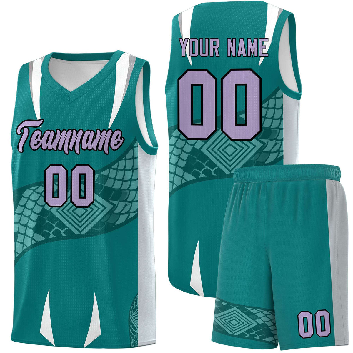 Custom Teal Silver Snake Scale Venomous Fang Breathable Graffiti Pattern Basketball Suit Jersey