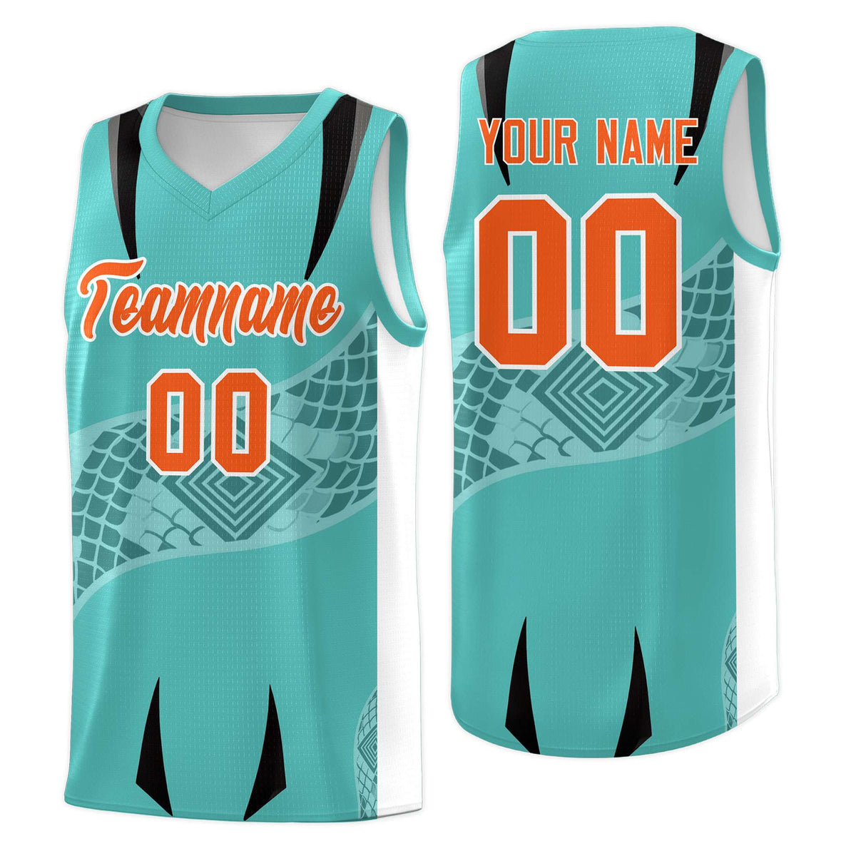 Custom Teal White Snake Scale Venomous Fang for Team Graffiti Pattern Basketball Suit Jersey