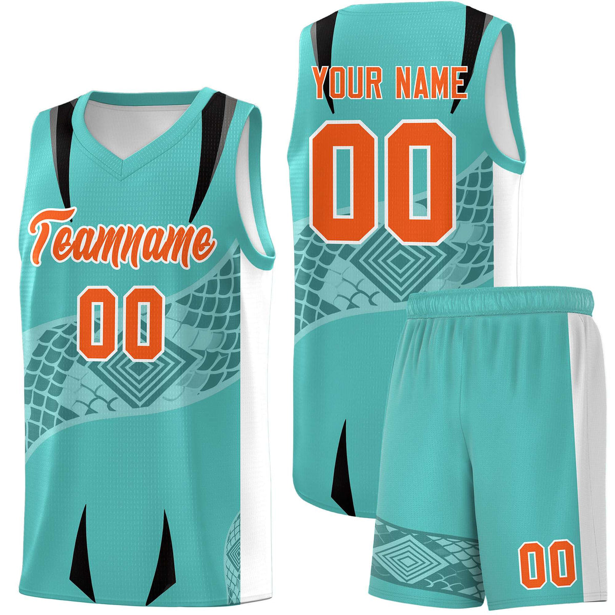 Custom Teal White Snake Scale Venomous Fang for Team Graffiti Pattern Basketball Suit Jersey