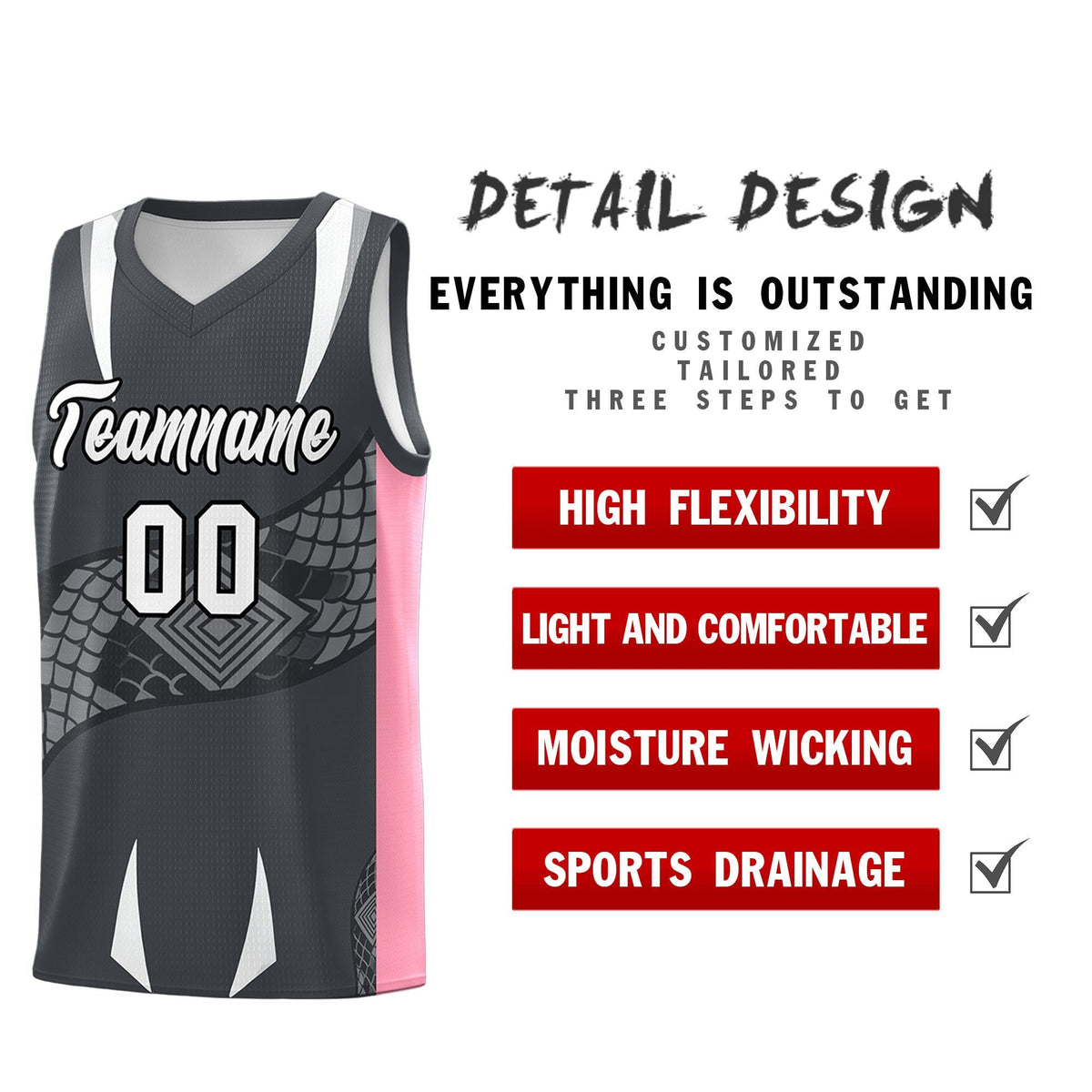 Custom Gray Light Pink Snake Scale Venomous Fang Drapable Graffiti Pattern Basketball Suit Jersey